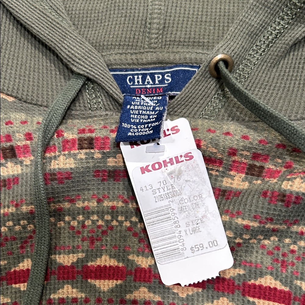 Chaps Olive Green Hooded Knit with Red and Tan Fair Isle